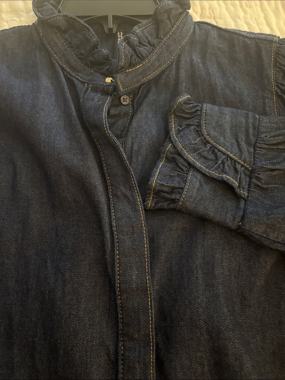H & M Dark Denim Ruffle detail Button-Front Shirt M